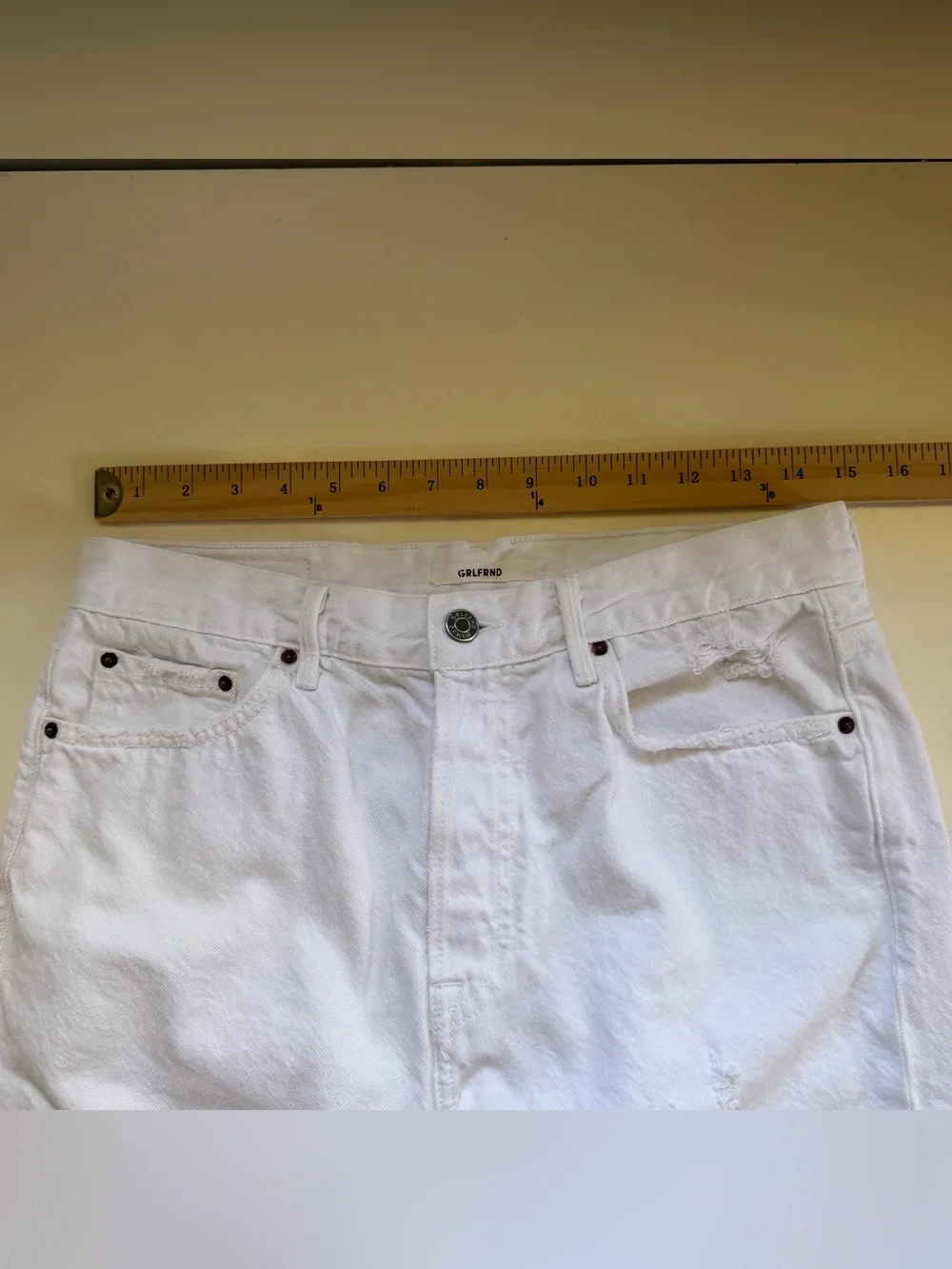 Grlfrnd Marjan Denim Long Shorts White Denim Distressed Bermuda Size 28